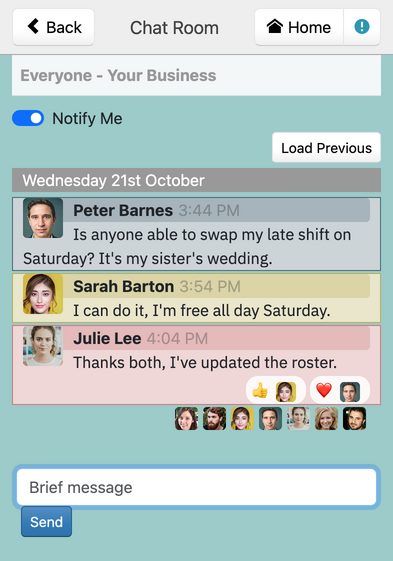 Chat in the WorkRoster mobile app